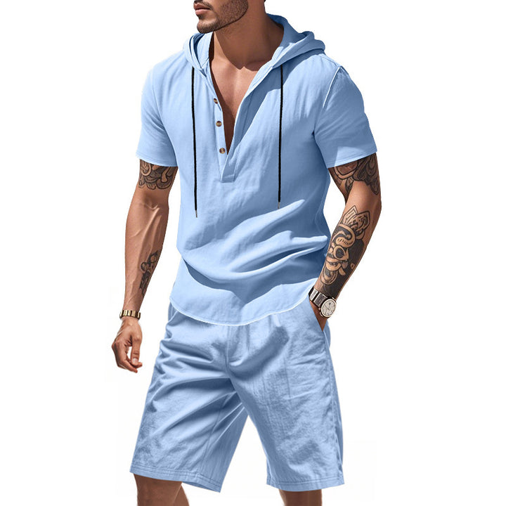 Herren Freizeit-Langarm-Hoodie mit Knopfleiste und Shorts Echoarchiv