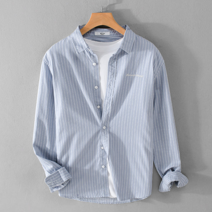 Herren Nadelstreifen-Lagenhemd im Overshirt-Stil mit dezenter Bruststickerei Echoarchiv