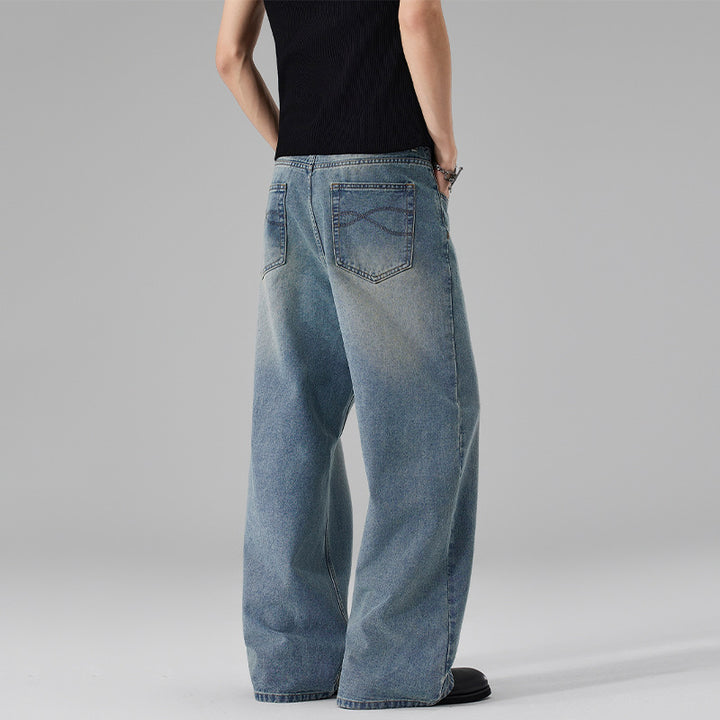 Damen Ultraweite Bodenlange Denim-Palazzohose mit skulpturaler Weite und soften Bleach-Akzenten Echo Archiv