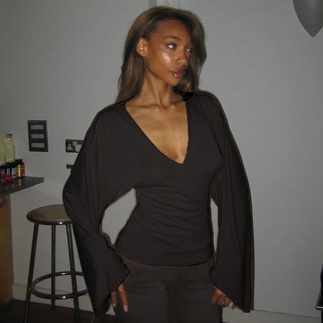 Damen nan tailliertes Langarm-Cropped-Shirt mit V‑Ausschnitt, überschnittener Schulter und soften Jersey-Qualität Echo Archiv