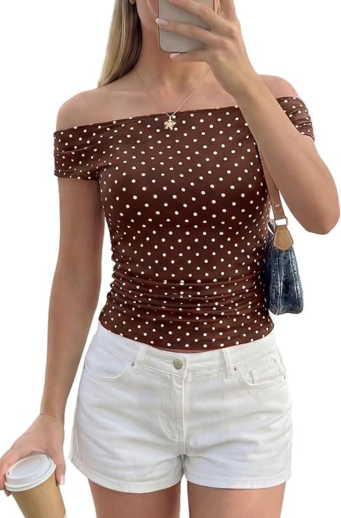Damen Schulterfreies tailliertes Polka‑Dot Top mit geraffter Seitennaht Echo Archiv