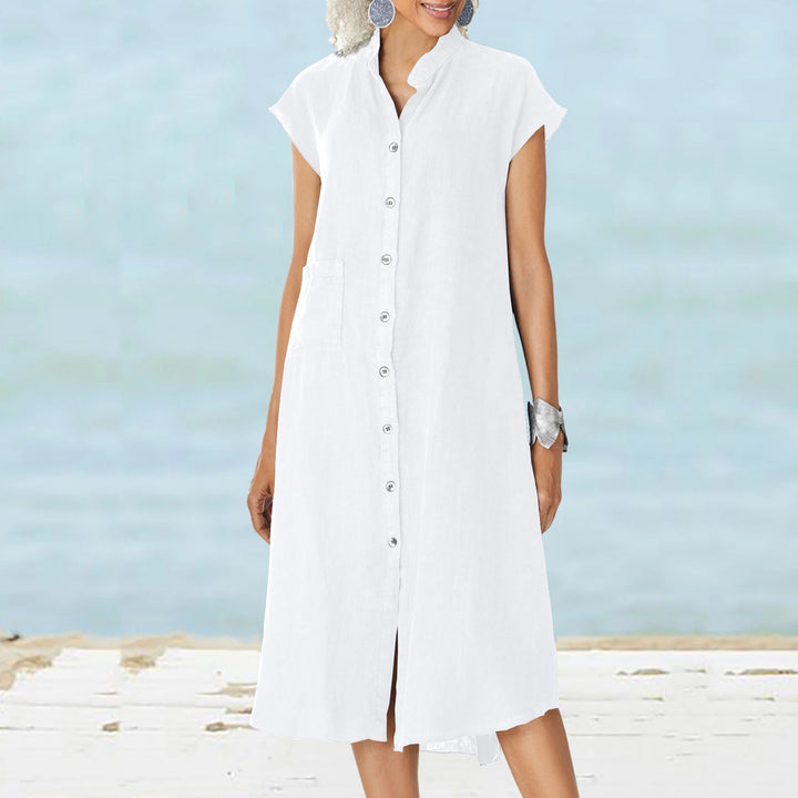 Damen lässiges Midi-Hemdkleid aus Leinen mit Knopfleiste und seitlichen Taschen Echo Archiv
