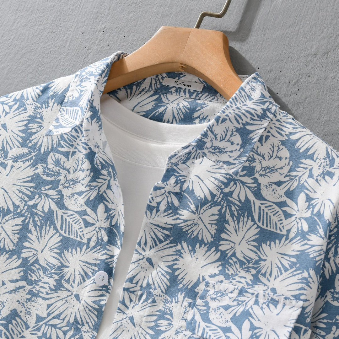Damen Leichtes Blumenprint-Overshirt aus Leinen-Baumwollmix mit Kentkragen und Brusttasche Echoarchiv