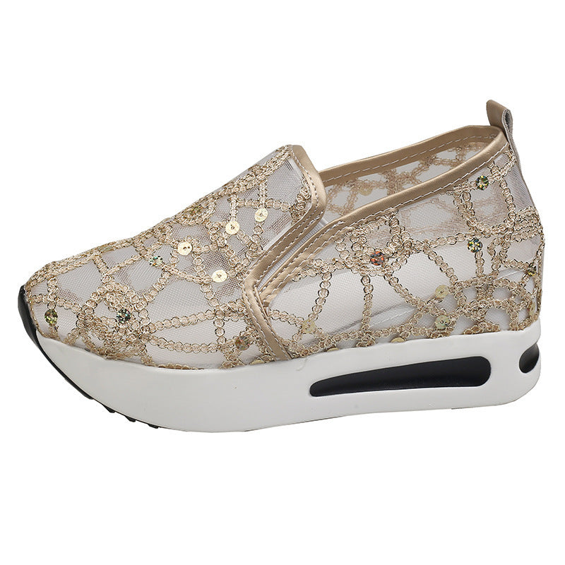 Damen Elegante Keil-Slipper mit transparentem Mesh, Paillettenstickerei und dämpfender Plateau-Sohle – Lioré