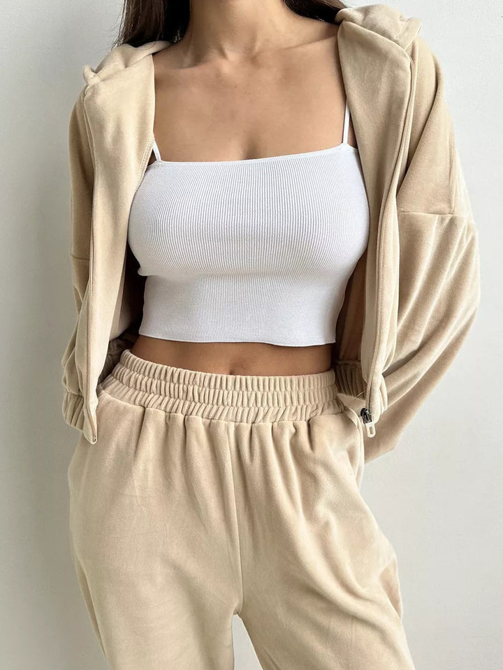 Damen luxuriöser Samt-Trainingsanzug mit geraffter Bomberjacke und High-Waist Jogginghose – Élanora