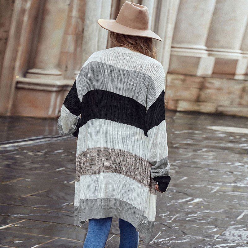 Damen Langer Offener Strickcardigan mit breiten Colorblock-Streifen und gerippten Bündchen Echoarchiv