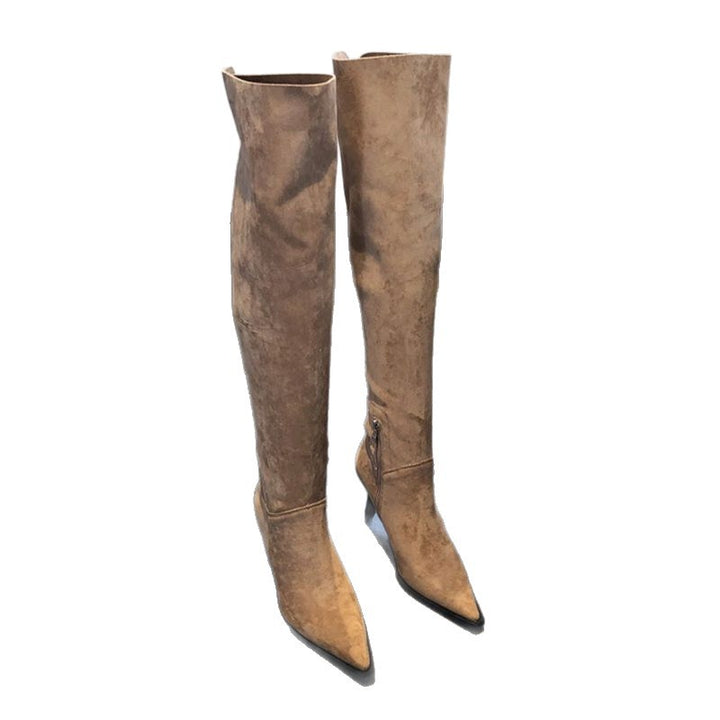 Damen Overknee-Stiefel aus Veloursoptik mit spitzer Zehenform und schmalem Absatz Echo Archiv