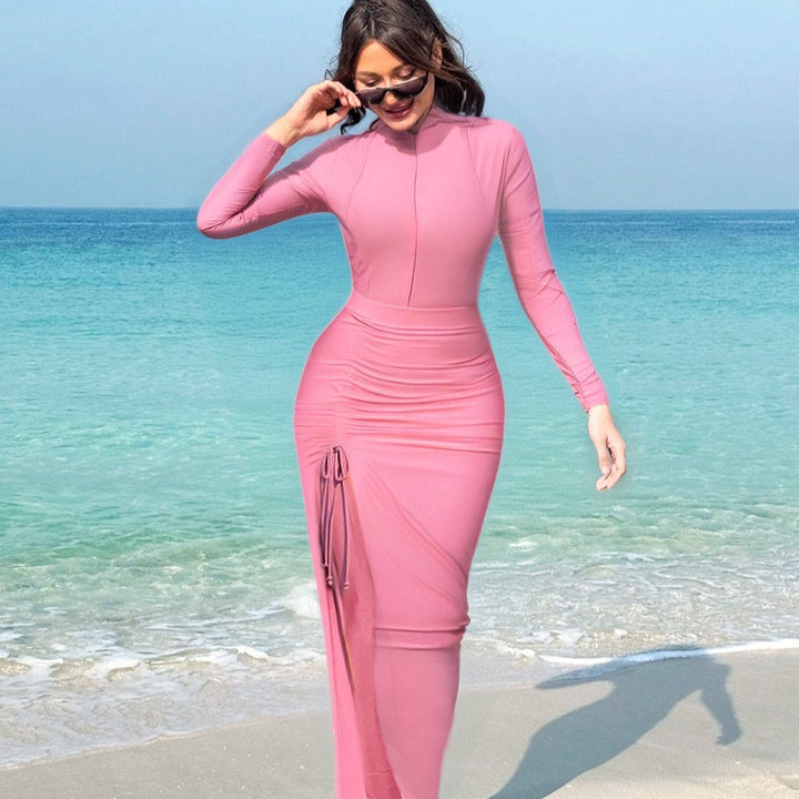 Damen eleganter Sport-Badeanzug mit hochgeschlossenem Kragen und seitlichen Raffung Echo Archiv