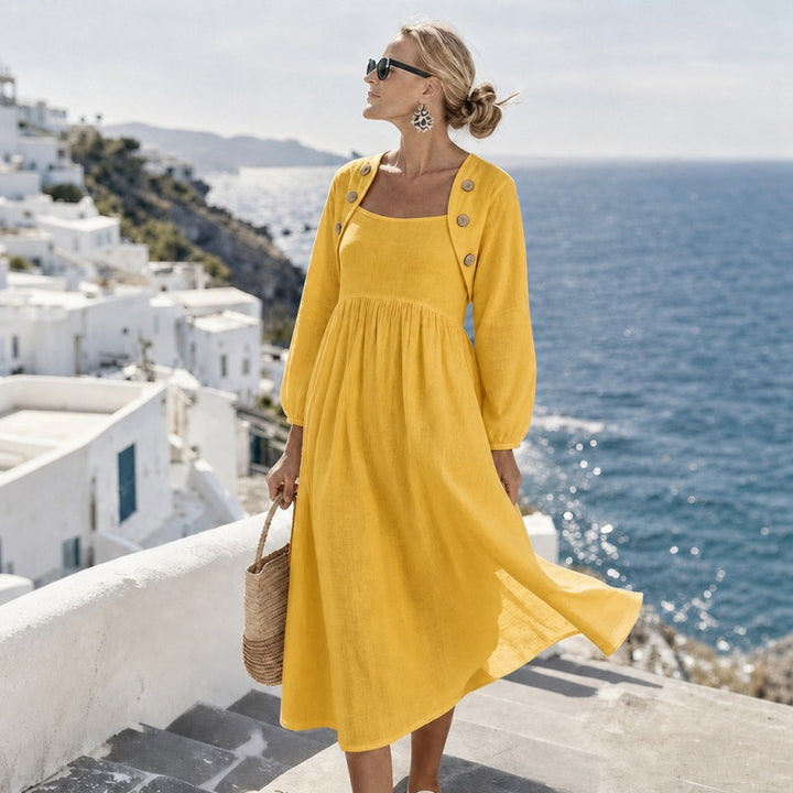 Damen Midikleid in Leinenoptik mit quadratischem Ausschnitt, geraffter Empire-Taille und Schulterknöpfen – Élara