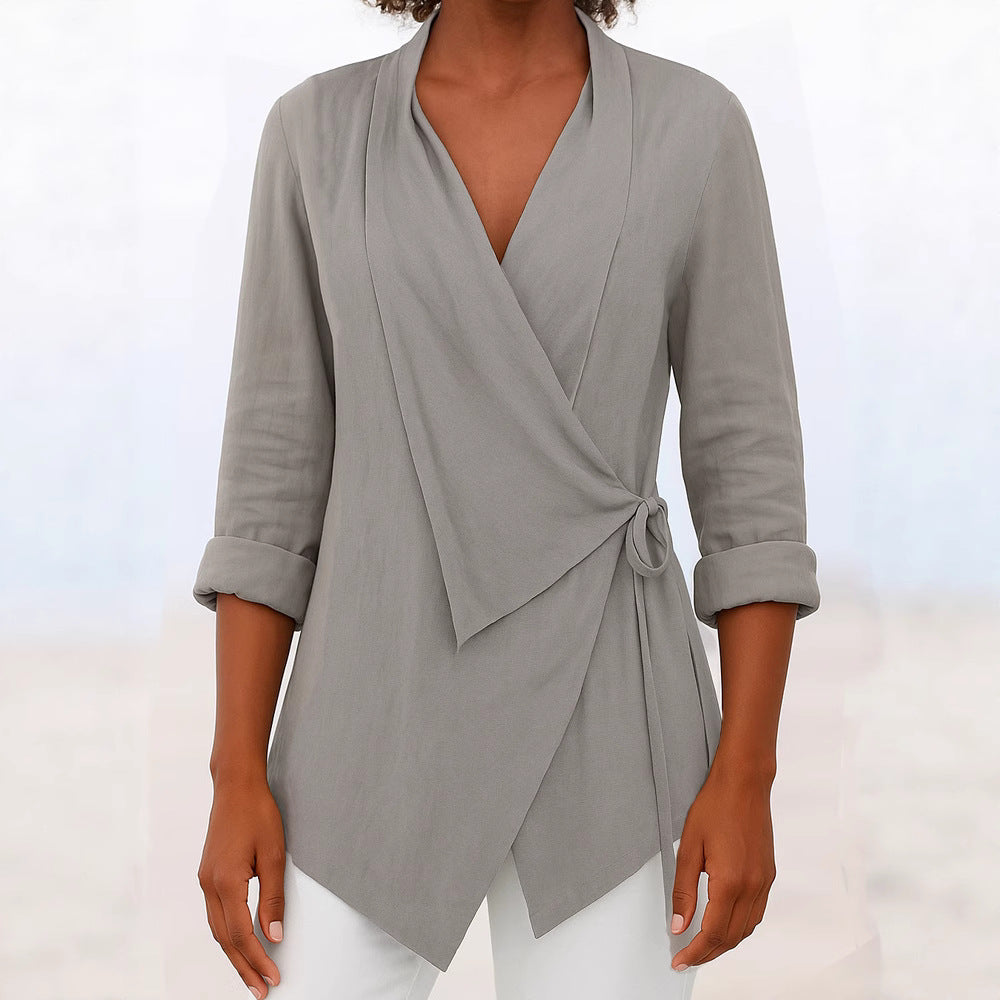 Damen Asymmetrische Wickelbluse mit Schalkragen und 3/4-Ärmeln – Élovi