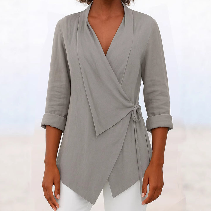 Damen Asymmetrische Wickelbluse mit Schalkragen und 3/4-Ärmeln – Élovi