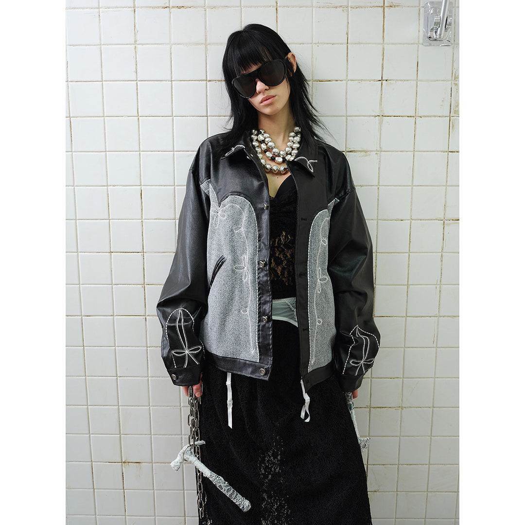 Unisex Boxy-Blouson aus Lederimitat und Wollmix mit Westernstickerei Echoarchiv