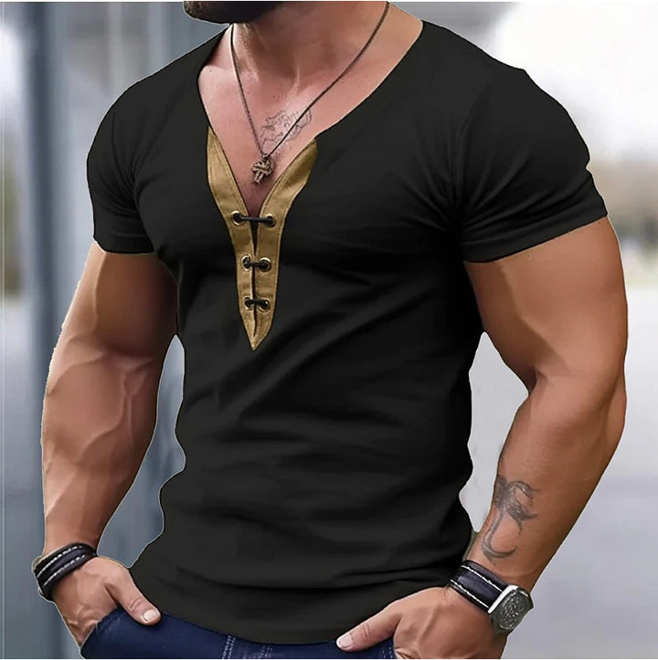 Herren Trendiges Kurzarmshirt mit dekorativem V-Ausschnitt und Knopfdetails Echoarchiv