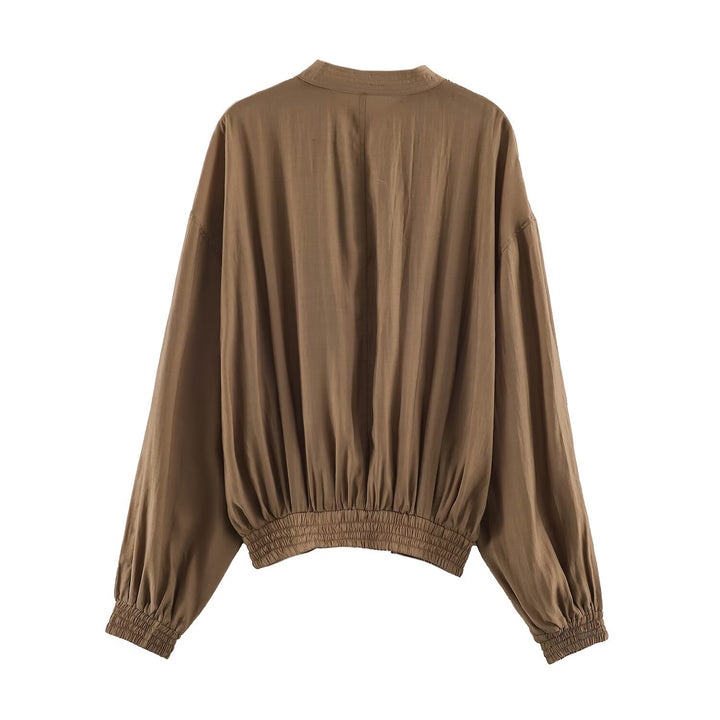 Damen Weites Plissiertes Blouson-Top mit Stehkragen und gesmoktem Saum Echo Archiv