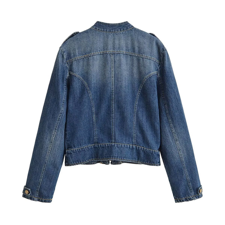 Damen Jeansjacke im Military‑Stil mit Stehkragen, doppelter Zierknopfleiste und Schulterklappen Echo Archiv