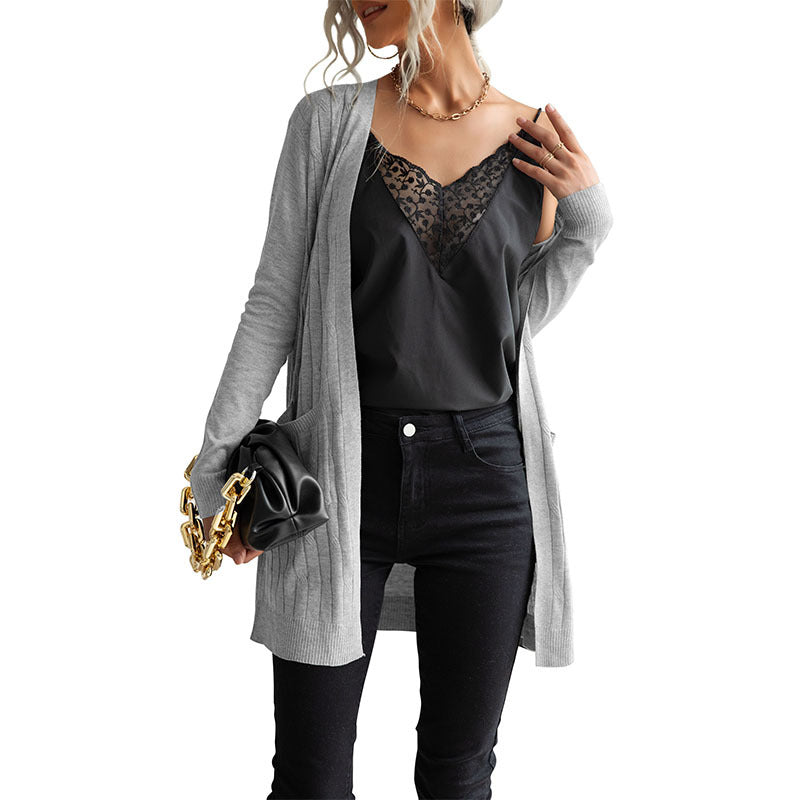 Damen Langer Feinstrick-Cardigan mit Rippenstruktur und Eingrifftaschen Echoarchiv