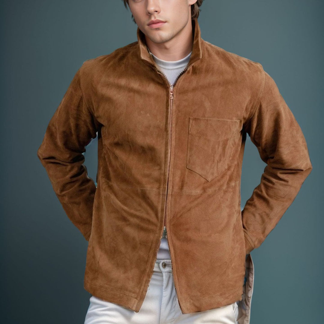 Herren schicke und lässige Wildlederjacke mit Stehkragen Echoarchiv