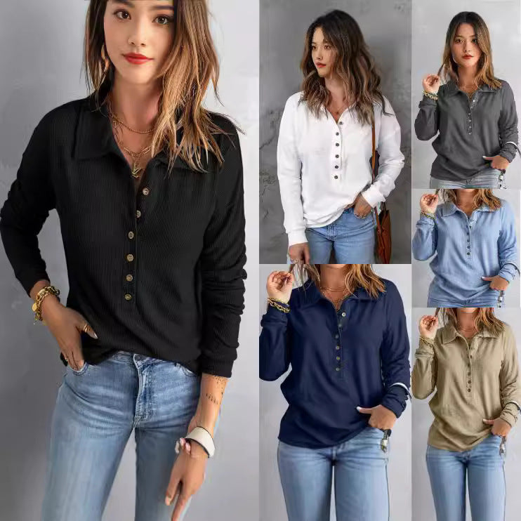 Damen Langarm-Waffelshirt mit Hemdkragen und Knopfleiste Echoarchiv