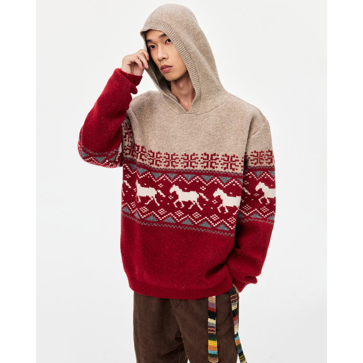 Damen Gemütlicher Grobstrickpullover mit Kapuze und Pferdemotiv Echoarchiv