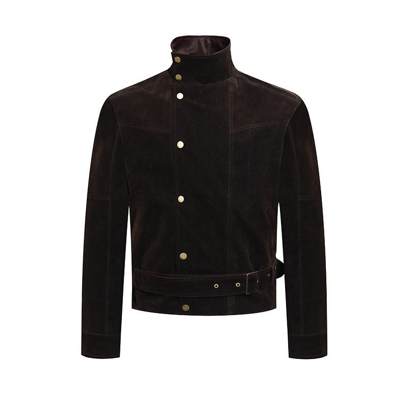 Herren Wildleder-Bikerjacke mit Stehkragen, Druckknopffront und Taillengürtel Echoarchiv