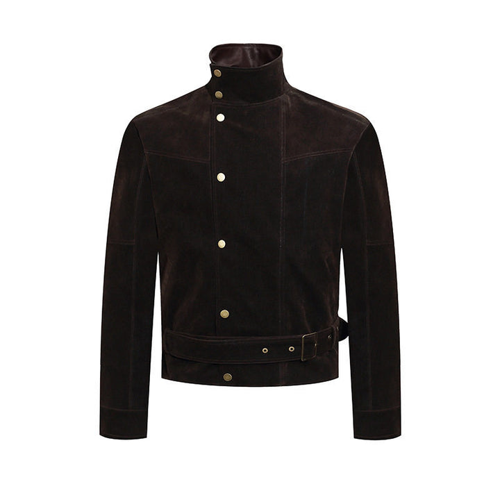 Herren Wildleder-Bikerjacke mit Stehkragen, Druckknopffront und Taillengürtel Echoarchiv