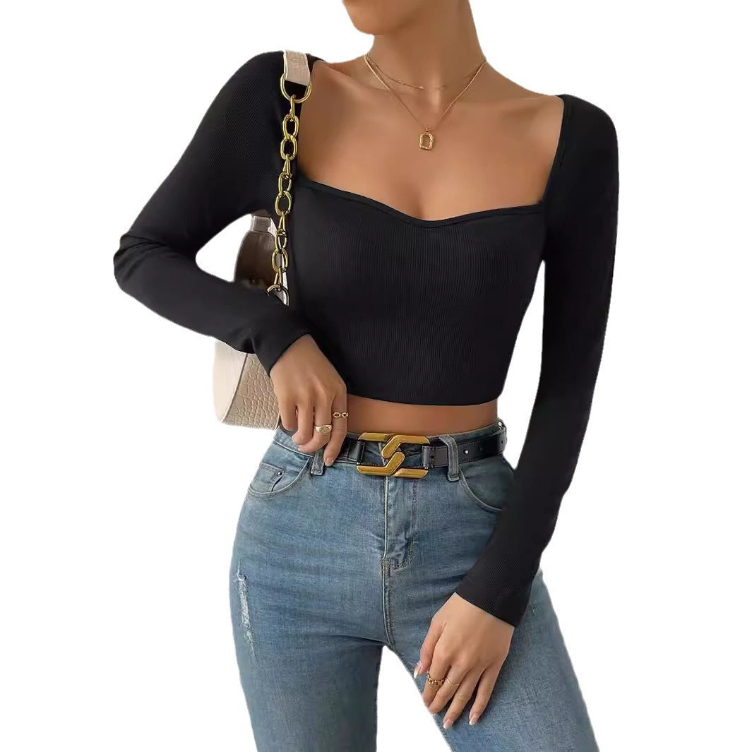 Damen Figurbetontes geripptes Kurzshirt mit herzförmigem Ausschnitt – Avérine