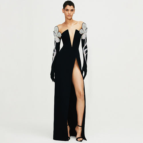 Damen Elegantes Abendkleid mit glitzernden Flügel-Applikationen und tiefem V-Ausschnitt Echo Archiv
