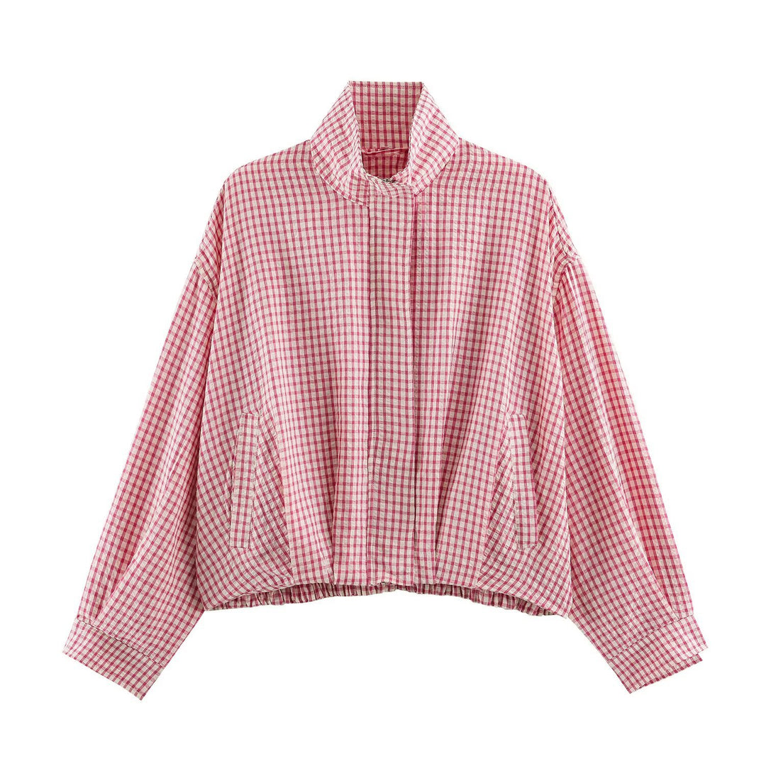 Damen Karo-Übergangsjacke im Oversize-Cropped-Schnitt mit hohem Stehkragen Echo Archiv