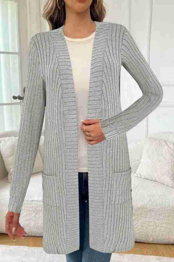 Damen Langer Feinstrick-Cardigan mit Rippenstruktur, offenen Kanten und Eingrifftaschen – Veloura