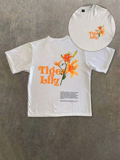 Damen T-Shirt mit künstlerischem floralem Druck und verspieltem Schriftzug Echo Archiv