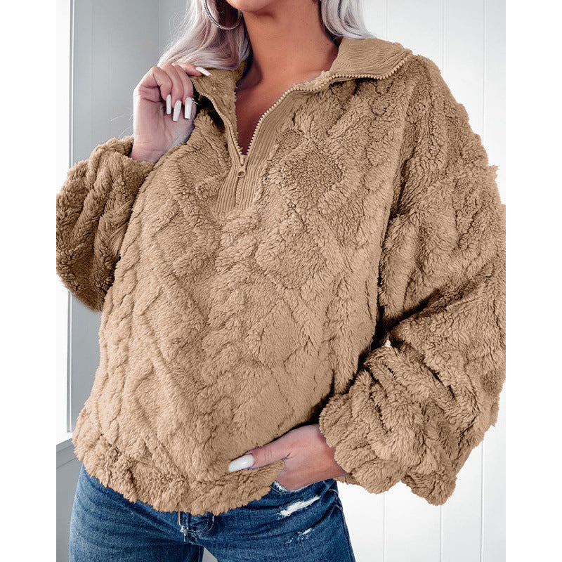 Damen Plüschpullover im Teddy-Look mit halbem Reißverschluss und strukturierter Rautenoptik Echo Archiv