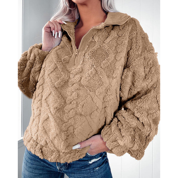 Damen Plüschpullover im Teddy-Look mit halbem Reißverschluss und strukturierter Rautenoptik Echo Archiv