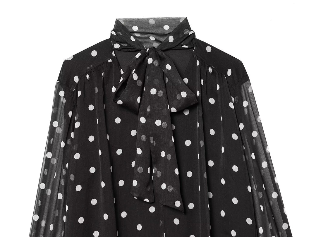 Damen Chiffonbluse mit Polka-Dot, Schleifenbindekragen und transparenten Ballonärmeln Echo Archiv