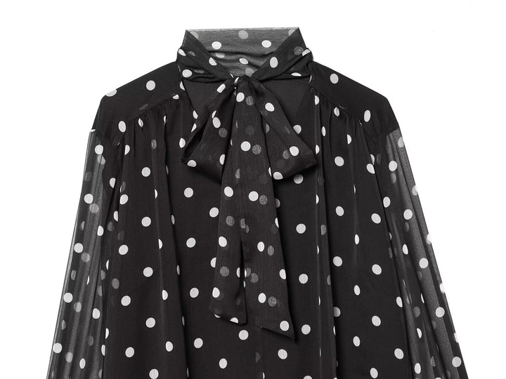 Damen Chiffonbluse mit Polka-Dot, Schleifenbindekragen und transparenten Ballonärmeln Echo Archiv