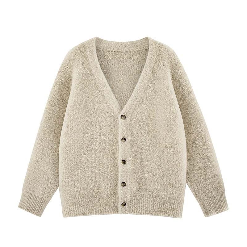 Damen Oversize Teddy-Strickcardigan mit V‑Ausschnitt und Holzknöpfen Echoarchiv