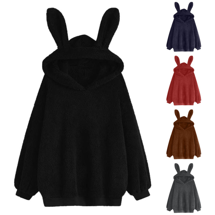Damen flauschiger Oversize-Kapuzenpullover mit langen Hasenohren und gerippten Bündchen – Auréline