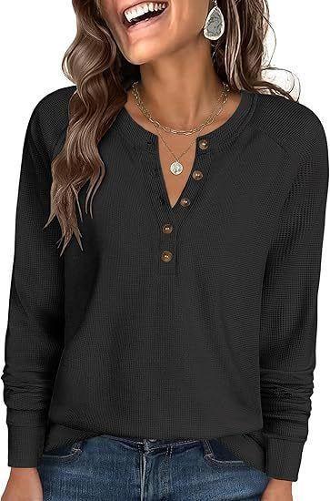 Damen Waffelstrick-Henley-Longsleeve mit Knopfleiste, Raglanärmeln und gerippten Bündchen Echo Archiv