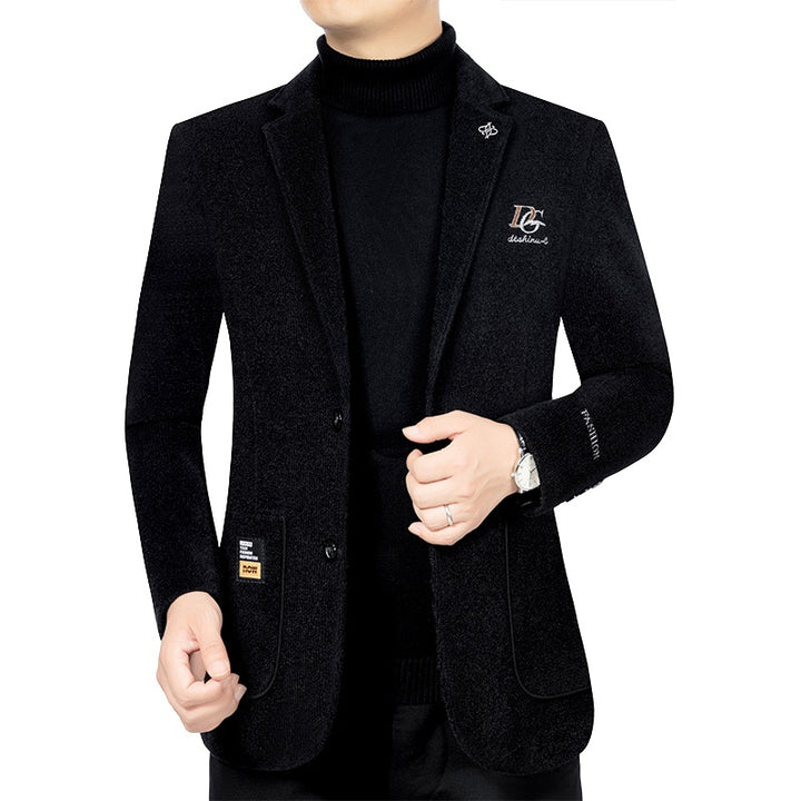 Herren Bouclé-Sakko mit kontrastierendem Satin-Innenfutter und Bruststickerei – Tianoro