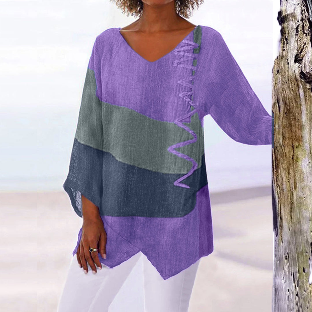 Frauen Casual A-Linien Leinenlook Tunika mit Farbblockstreifen und V-Ausschnitt – Avérine