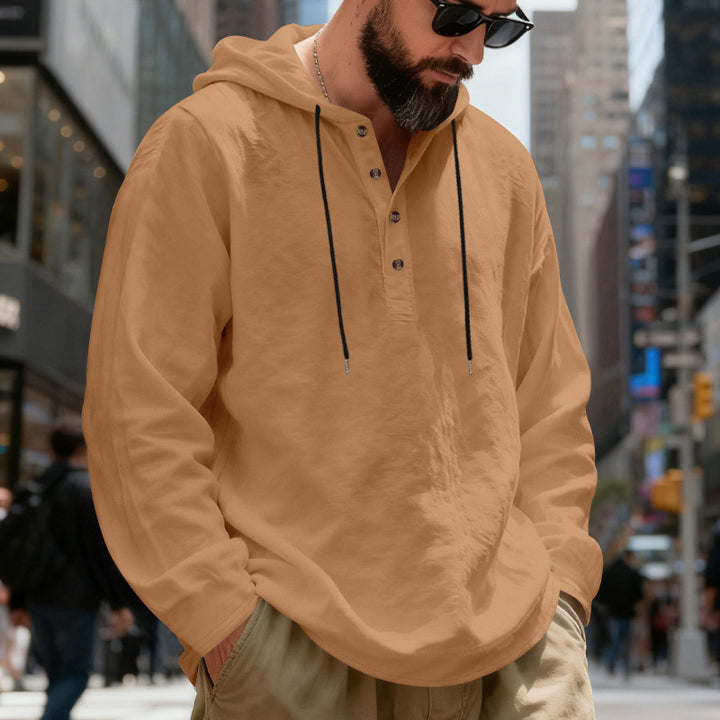 Herren nan leichter Kapuzenshirt mit Knopfleiste aus Leinenmischung und entspanntem Schnitt Echo Archiv