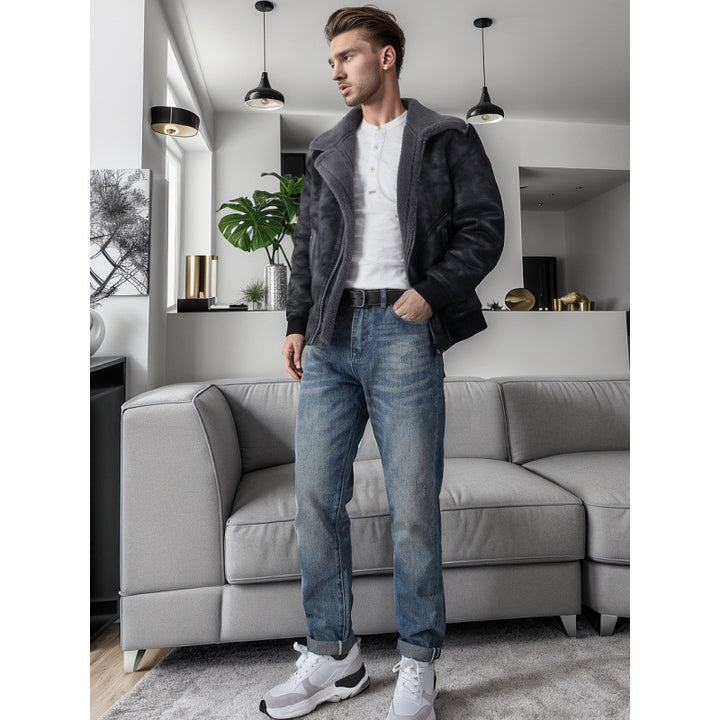Herren Relaxed-Tapered Vintage-Jeans mit Used‑Effekt und aufgekrempeltem Saum Echoarchiv