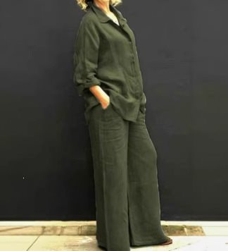 Damen Leichtes Leinen-Loungewear-Set mit Oversized-Hemd und weiter Palazzo-Hose Echo Archiv