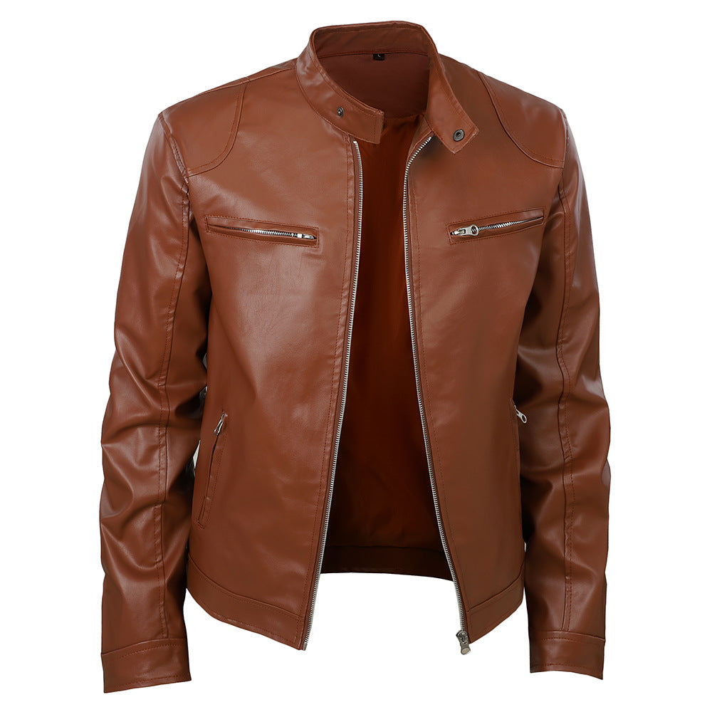 Herren modische Kunstlederjacke mit elegantem Stehkragen und funktionalen Reißverschlusstaschen Echoarchiv