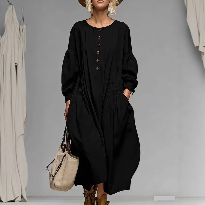 Damen Lässiges Midi-Kleid mit Knopfleiste, Ballonärmeln und Eingrifftaschen – Élara