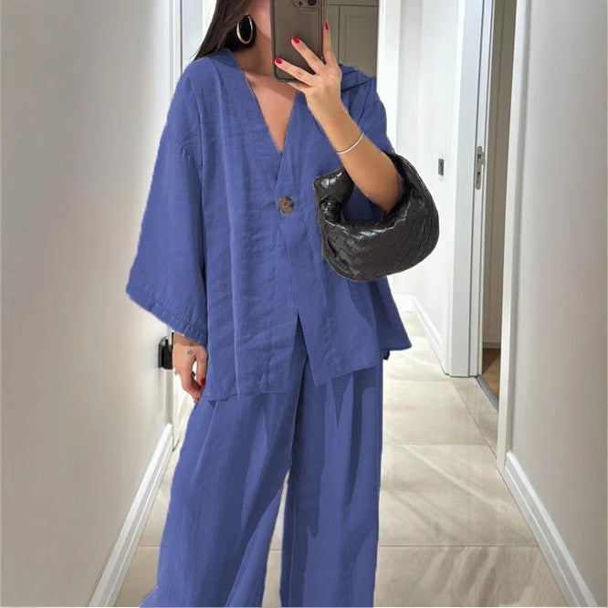 Damen nan entspanntes Zweiteiler-Leinenensemble mit kimonoartiger Oversize-Jacke und weiter Palazzohose Echo Archiv
