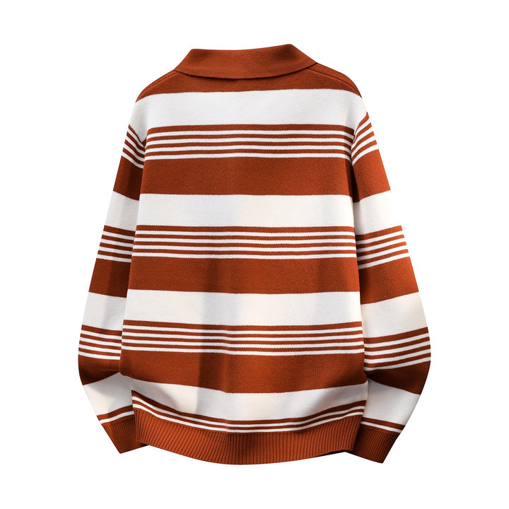 Damen Oversize Langarm-Polo-Strickpullover mit Retro-Streifen und Brustknopfleiste Echoarchiv
