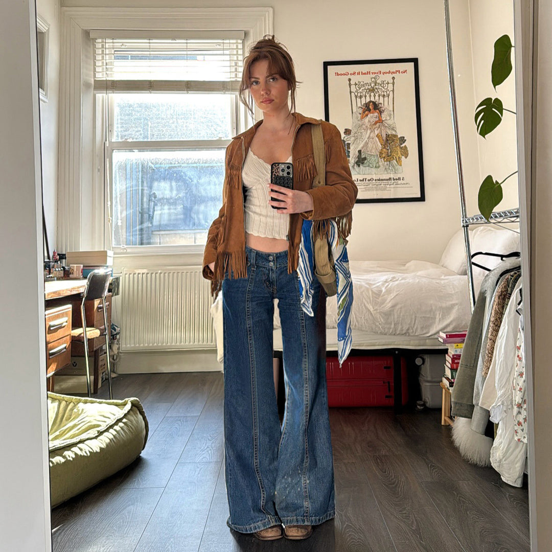 Damen Weite Jeanshose im Retro-Stil mit hohen Bund Echo Archiv