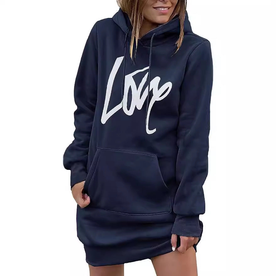 Damen Fleece-Kapuzenkleid mit Kängurutasche, Daumenlochärmeln und Oversize-Sweatshirt-Schnitt Echoarchiv