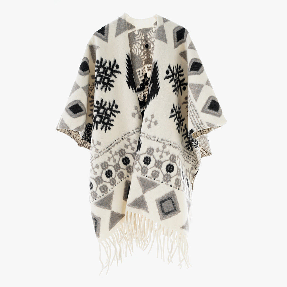 Damen Jacquard Überwurfcape aus feinem Strick mit Paisley-Bordüre Echo Archiv