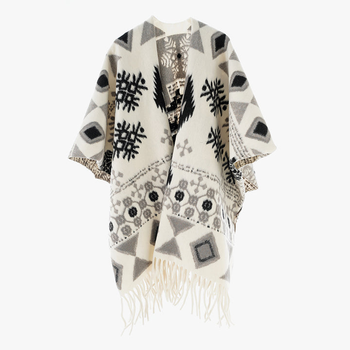 Damen Jacquard Überwurfcape aus feinem Strick mit Paisley-Bordüre Echo Archiv